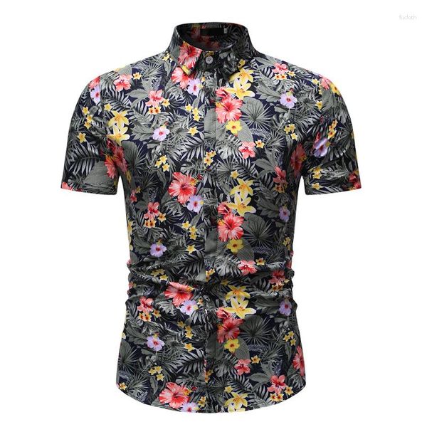 Camisas Casuais Masculinas Fashion Slim Summer Short Sleeve Shirt Men Business Havaiana Leaf Flowers Print Masculino Boho Beach