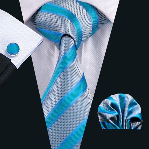 Cravate en soie ensemble pour hommes bleu rayure mouchoir boutons de manchette Jacquard tissé hommes cravate ensemble mariage affaires travail formel N-0568306M