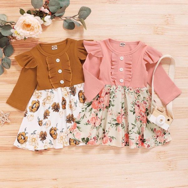 Mädchen Kleider Baby Blumendruck Patchwork Kleid Rüschen Knopf 6M-4T Kleinkind Kinder Frühling Herbst Lässig Langarm Rundhalsausschnitt