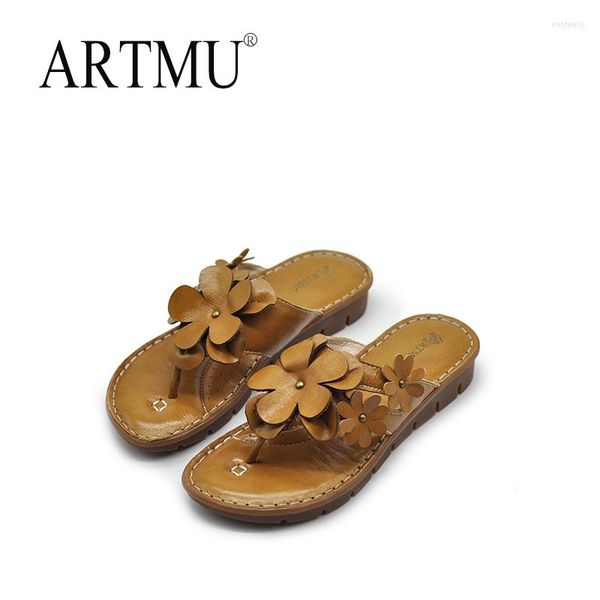 Slippers artmu Оригинальные клинья для женщин цветы Flip Flops обувь роскошные открытые кожаные сандалии девушки