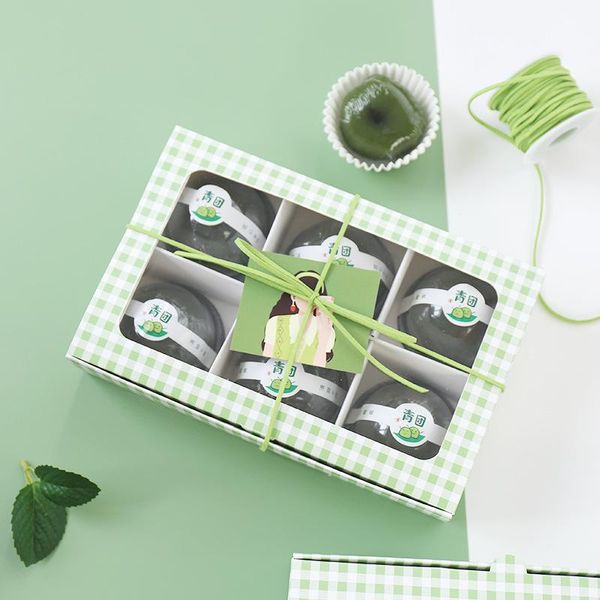 Confezione regalo Green Lattice 6 Inserisci finestra aperta Scatola da dessert Cupcake Muffin Imballaggio di carta per matrimonio primaverile Fidanzamento PastryGift