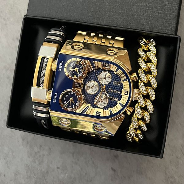 Armbanduhren Oulm Auto Date Herrenuhr Quadrat Gold Quarz Armbanduhr für Mann Sport Multi-Zeitzone Militär Männlich Wasserdicht Reloj Homme 230712