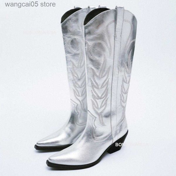 Botas Cowboy Cowgirl Boots para mujer Metallic Silver Stacked Heeled zip Western Mid Calf Boots Casual Marca bordada zapatos de lujo T230713