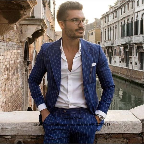 Herrenanzüge Blazer Marineblau gestreift Herren Slim Fit 2-teiliges Jacke-Hosen-Set für Bräutigam Hochzeit Smoking Formeller Business-Büro-Blazer Masculi