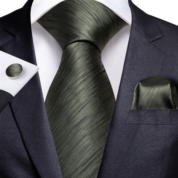 Conjunto de Gravata de Seda Verde Escuro Listrado Masculino Clássico Jacquard Gravata de Bolso Quadrado Abotoaduras Casamento Negócios N-722251j