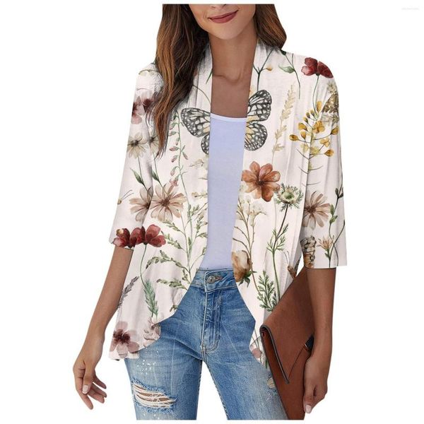 Camicette da donna Cardigan da donna Cappotto stampato a fiori Giacca retrò con maniche a 3/4 Leggero e sottile Top con orlo arricciato Cardigan leggero