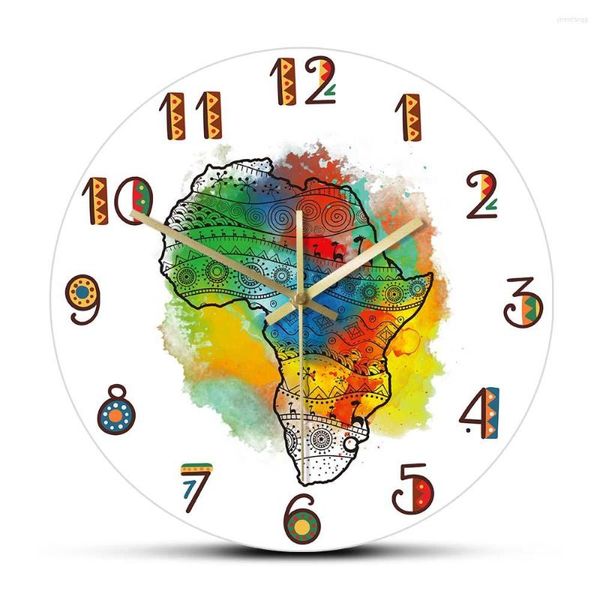 Orologi da parete Mappa strutturata dell'Africa Orologio dal design moderno Orologio silenzioso senza ticchettio Tatuaggio tribale colorato Decorazione di arte africana