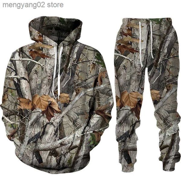 Herren-Trainingsanzüge, lustiger 3D-Druck, Bionic Maple Leaves und Pine Camouflage, Unisex-Kleidung, Herren-Pullover + Hosen-Set, 2-teilig, Traksuits, Herren-Hoodies, Suts T230714