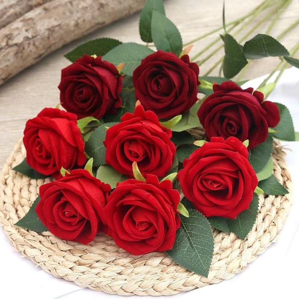 Flores decorativas 5 pçs rosa única haste de seda artificial de alta qualidade folhas de veludo vermelho festa de casamento casa