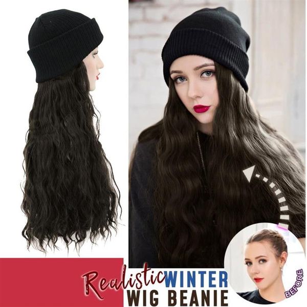 Chapéus de aba larga sintéticos de malha longa encaracolada inverno com peruca de cabelo gorro anexado para menina sair algodão natural feito #12186d