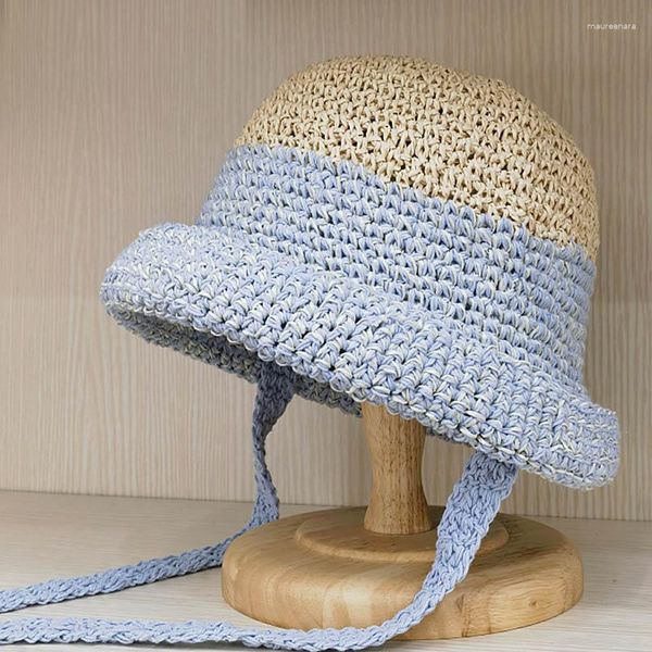 Wide Brim Hats Women Summer Hat Patchwork Straw Up Turn Sun Clochet Bucket With Lace Two Tones Dome Outdoor Beach