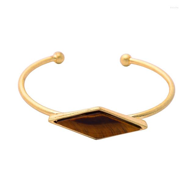 Bracciale rigido color oro antico marrone pietra sintetica geometrica polsino aperto moda vintage per donna