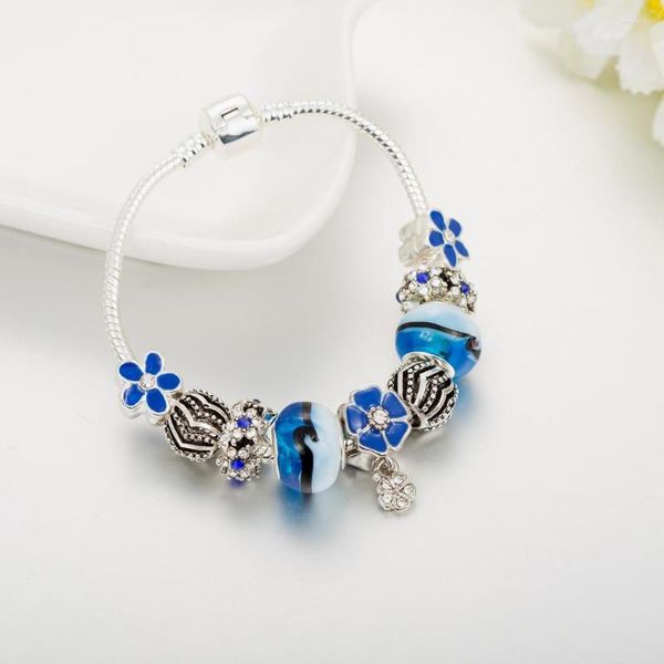 Charm Bracelets Design Flower Pendants Bracelet Homme Royal Blue Glass Beads For Women DIY Fashion Jewelry Pulseras Mujer