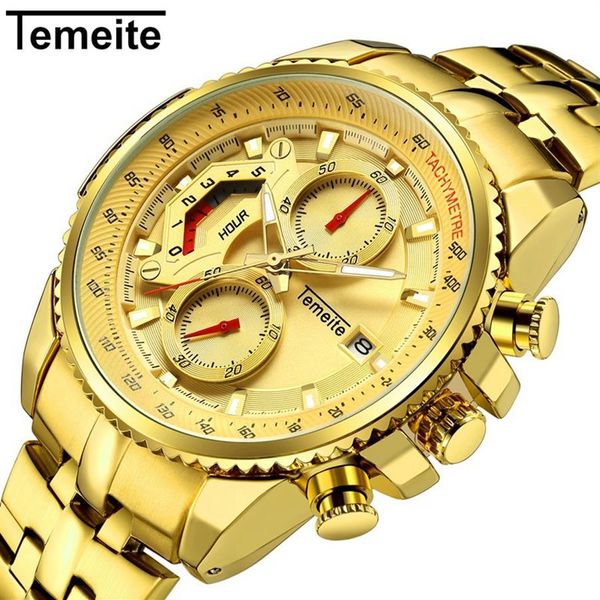 Temeite Entièrement Fonctionnel Hommes Montres Top Marque De Luxe Or Quartz Montre Étanche Mâle Montre-Bracelet Relogio Dourado Masculino198g