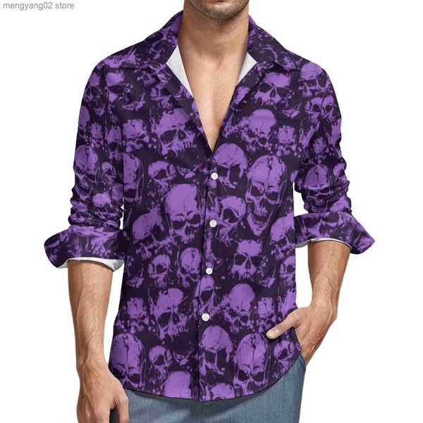 Camisas casuais masculinas Camisa de caveira roxa Homens Camisas casuais com estampa de Halloween Outono Harajuku Blusas personalizadas de manga comprida Roupas superdimensionadas para presente T230714