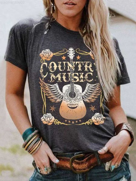 T-Shirt Feminina Feminina Vintage Graphic Tees Moda Country Music Letter T-Shirt Engraçado Floral Guitar Print T Shirts Manga Curta Tops de Férias L230713