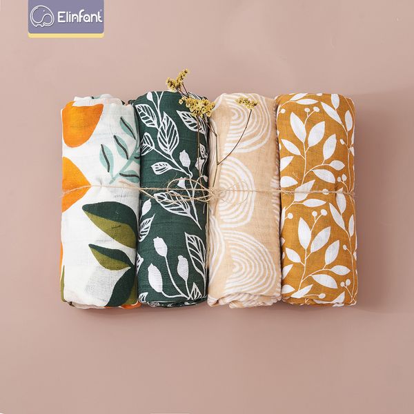 Conjunto de Cobertores Elinfant 4 Peças Impressão Digital Algodão Bambu Cueiro Liso 120 * 110cm Nascido Toalha de Banho para Bebê Embalagem 230714