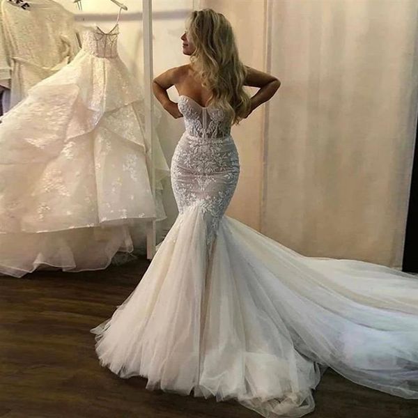 Vintgae Spitze Brautkleider Meerjungfrau Trägerlos Boho Fisch Brautkleider Prinzessin Partykleider Mit Puffy Tüllrock 2021229N