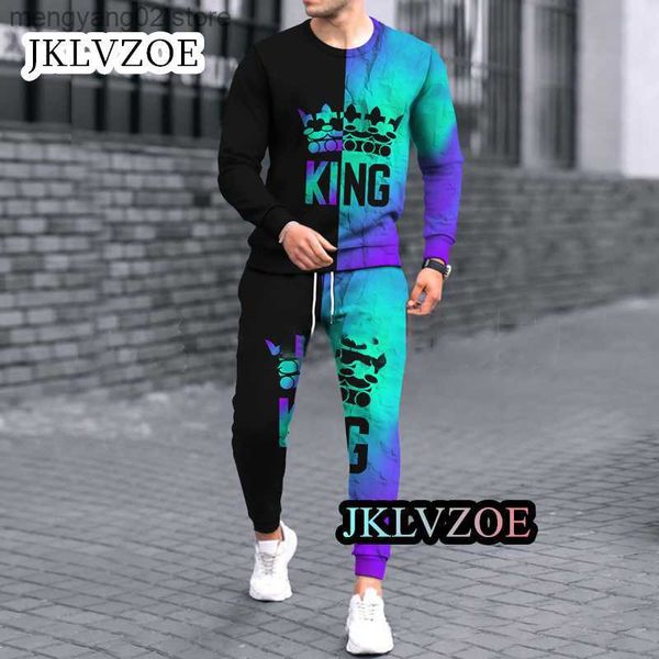 Herren-Trainingsanzüge, 2-teiliges Set für Herren, Trainingsanzüge, 3D-King-Print, langärmelig, Streetwear, Freizeit-Set, Outfit, Streetwear, männlich, übergroßer T-Shirt-Anzug, T230714