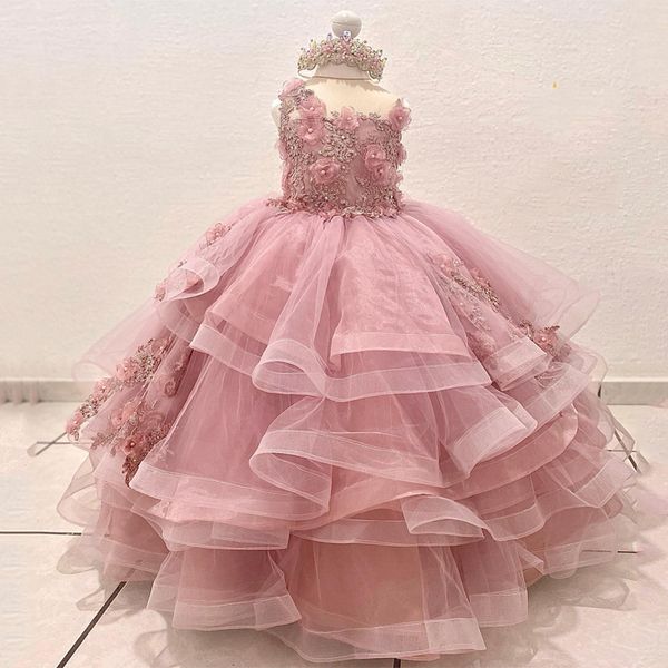 Rosa O-Collo Flower Girls Dress SleevelessPrincess Ball Gown Applique Cristalli Perline 3DFlower Tull vestidos para ninas