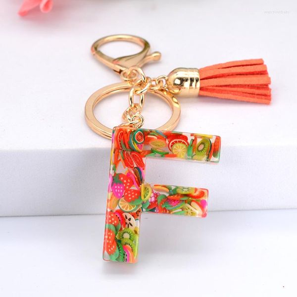 Anahtarlıklar sevimli renkli reçine meyve dilim mektubu anahtarlık kadın moda püskül tassel anahtar zincir yüzüğü sırt çantası çanta çanta kolye hediyesi