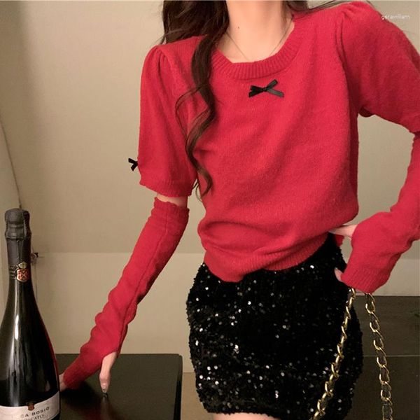 Frauen Pullover Stricken Crop Tops Frauen Pullover Frühling Rot Koreanische Mode Puffy Ärmeln Casual Stricken Top Sleeve Covers 2023