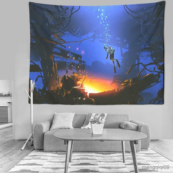 Arazzi Dome Cameras Ocean Galaxy Tapestry Wall Hanging Divers Landscape Hippie Psychedelic Tapiz Starry Sky Dorm Home Cartoon Decor Wall Carpet R230714