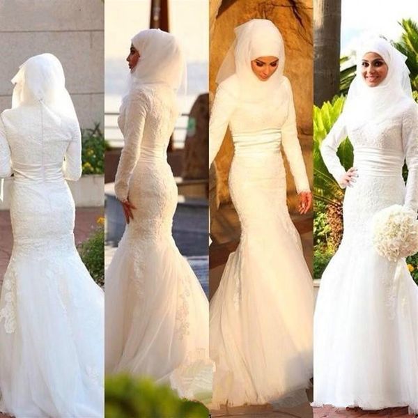 Abiti da sposa musulmani Design modesto Collo alto Manica lunga Pizzo Sirena Lunghezza pavimento Abito da sposa Dubai Personalizza Plus Size226h