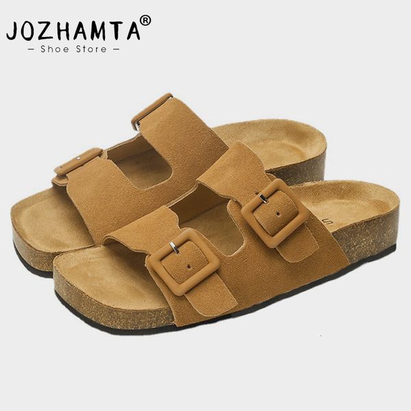 GAI JOZHAMTA Tamanho 35-40 Mulheres Chinelos de Couro Macio Casual Baixo Salto Sapatos de Verão Mulher Flats Sandálias Fivela Plataforma Slides 230713