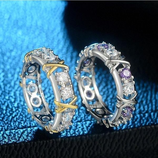 Anello di nozze in acciaio inossidabile colorato con diamanti a fascia in oro rosa di lusso, coppia di gioielli di design, anello di fidanzamento da donna con scatola