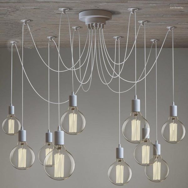 Lustres Nordic Vintage Branco Lustres 10 Braços Retro Ajustável Edison Bulb DIY Art Spider Pingente Lâmpada Suspensão Luminária