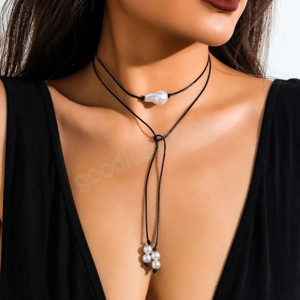Sexy Black Wax Line Corda regolabile Bowknot Back Chain Collana Donna Semplice imitazione perla Ciondolo Accessori per gioielli