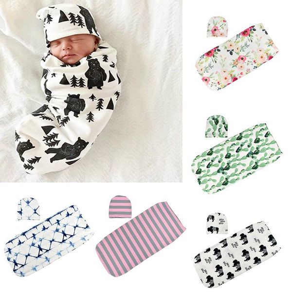 Sacchi a pelo per bambini Cappelli INS Bambino Swaddles Caps Neonato Cartoon Dinosauro Sacchi a pelo Fiori di squalo Stampato Cocoon Swaddling Coperta M094