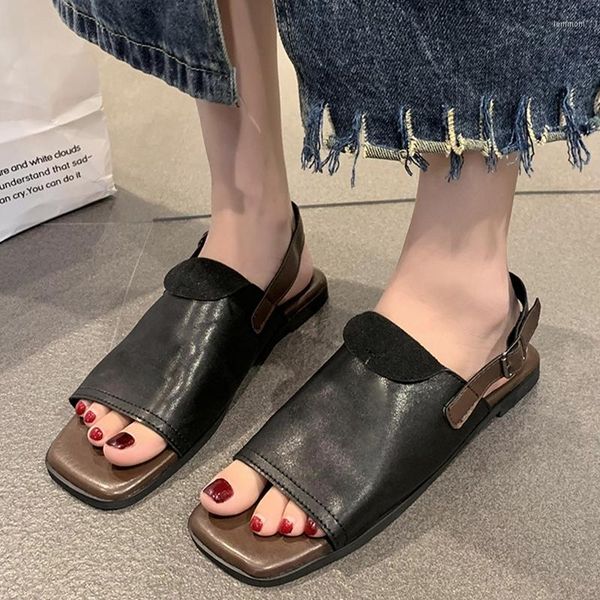 Sandálias 2023 verão aberto toe oxford mulheres sapatilhas ao ar livre designer slingback slides retrô fivela caminhada couro plutônio sapatos femininos
