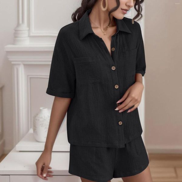 Kadınların Trailtsuits 2023 Yaz 2 Parça Şort Set Ev Takım Moda Pamuk Pijamaları Günlük İki Parçalı Zarif Düğme Gömlek Kısa