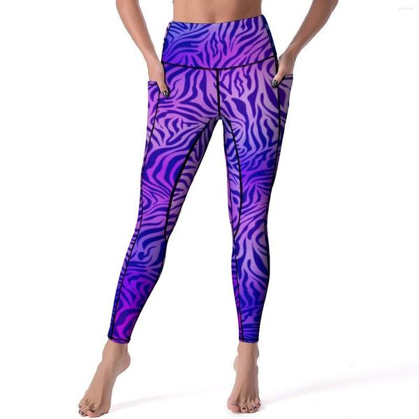 Damen Leggings Blau Lila Zebra Sexy Animal Print Gym Yoga Hose Push Up Stretch Sport Legging Taschen Elegantes Design Leggins