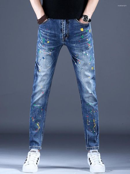 Мужские джинсы летние синие разорванные точки печатные мужчины повседневные стройные карандашные брюки. Легкие джинсовые брюки
