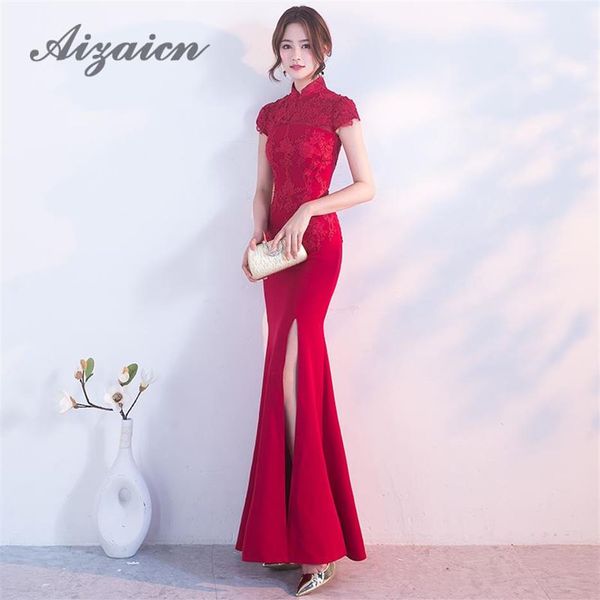 Moda Sposa Red Mermaid Abiti da sera cinesi Lungo Cheongsam Sexy Vestido Orientale Abito da sposa tradizionale Donna Qipao2899