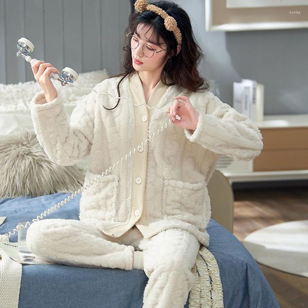 Indumenti da notte da donna Pigiama invernale in flanella Set da donna Pigiama in peluche Abbigliamento per la casa Abito da notte femminile in velluto di corallo spesso e caldo