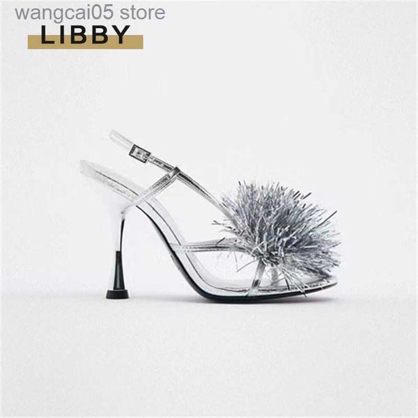 Sandalen 2023 Silber Sommer Elegent Pumps Party Schuhe Silvers High Heels Sandalen mit Pompom Sexy Slingback Heels Spitz 35-42 T230714