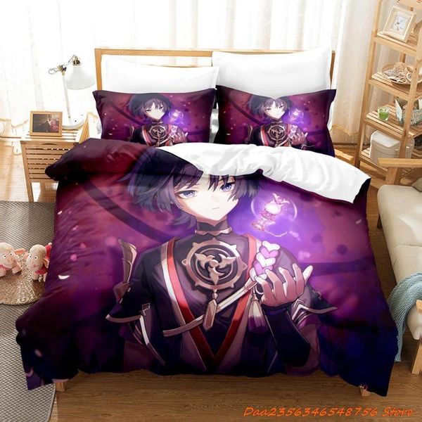 Conjuntos de roupa de cama 2023 Jogo Genshin Impact Scaramouche Conjunto Cartoon Anime Três peças Adulto Criança Quarto Capa de Edredom 3D Kawaii