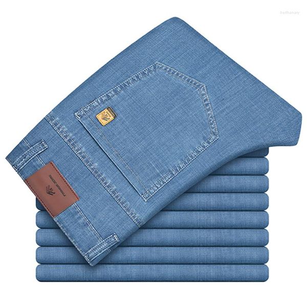 Calças jeans masculinas de marca de negócios finas, soltas, retas, elásticas, 2023, primavera e verão, calças clássicas masculinas de alta qualidade