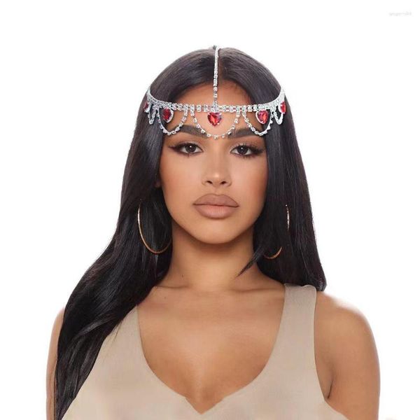 Başlıklar Bling Gelin Alın Zinciri Rhinestone Head Band Başlık Kadınlar için Kırmızı Kristal Saç Süs Mücevher Düğün Saç parçaları