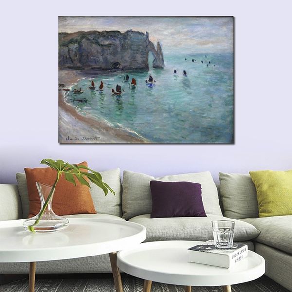 Pittura a olio di Claude Monet realizzata a mano di alta qualità Etretat The Aval Door Barche da pesca Paesaggio su tela Bella decorazione da parete