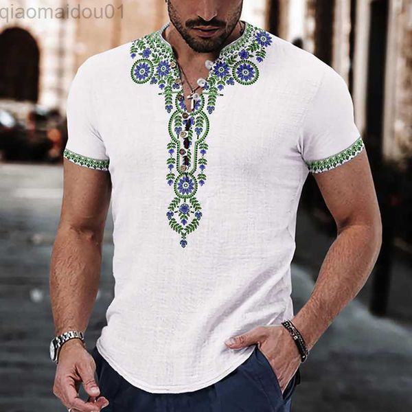 T-shirt da uomo per il tempo libero T-shirt abbottonate con scollo a V manica corta uomo primavera estate moda motivo patchwork stampa top abbigliamento uomo camicie casual L230713