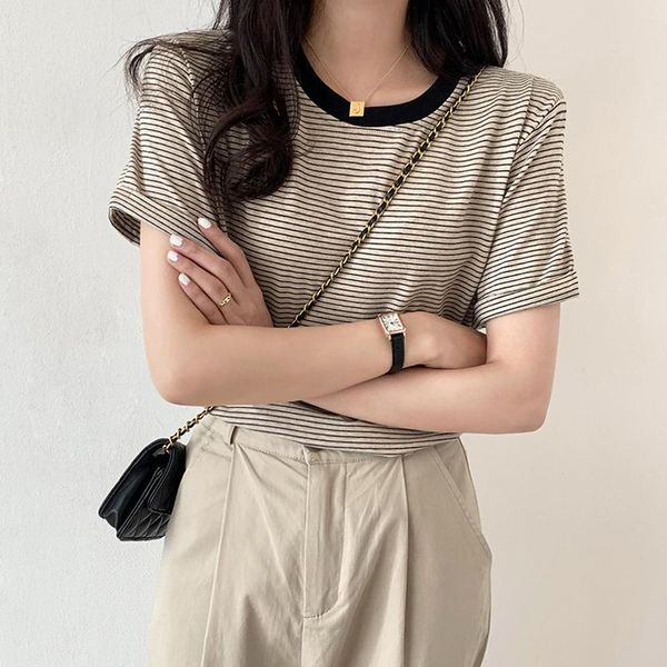 Calças camisetas mulher casual manga curta listrado senhoras streetwear na moda estilo coreano simples diário verão ins retro allmatch novo