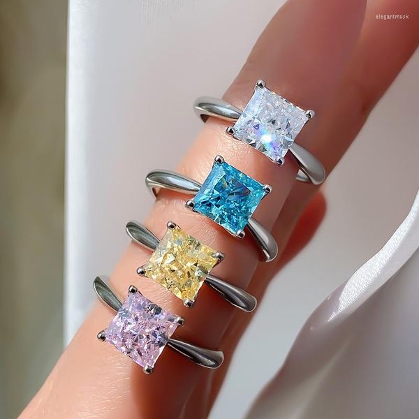 Cluster Rings Princess Cut 7 мм аквамариновый топаз бриллиантовой кольцо оригинальное 925 серебряное обручальное кольцо для женщин для женщин Обручание ювелирные изделия