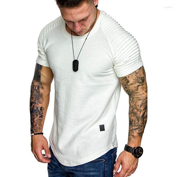 Camisetas masculinas camisetas casuais plissadas de manga curta manchas de manga curta o muscle tops sólidos de verão tees básicas roupas