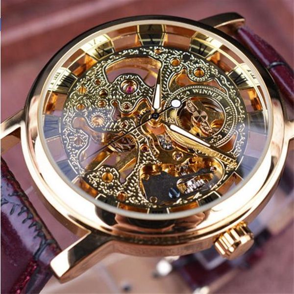 Gewinner Royal Carving Skeleton Braunes Lederband Transparent Dünnes Gehäuse Skeleton Design Uhr Uhren Männer Marke Luxus Uhr Men253c