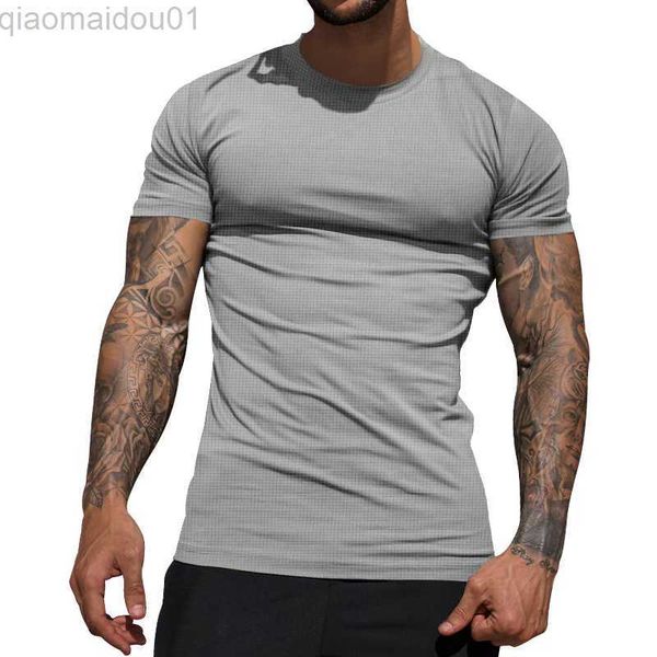 Herren-T-Shirts, Sport, Fitness, Training, schmale Passform, Strech-T-Shirts für Männer, Sommer, kurzärmelig, O-Ausschnitt, einfarbig, Basic-T-Shirt, Herrenkleidung, Pullover, L230713